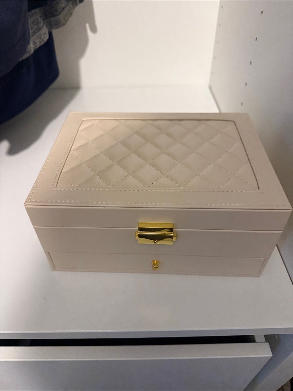 Classic Quilted Jewelry Box in Cream with Gold Hardware